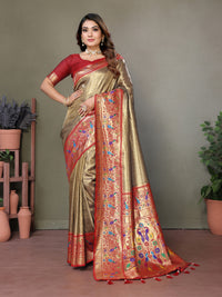 Olive green paithani tissue silk saree with zari weaving work