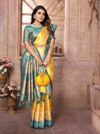 Yellow Exclusive kanchipuram banarasi tissue silk saree with zari weaving work