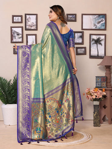 Sea green Traditional paithani tissue silk saree with zari weaving work