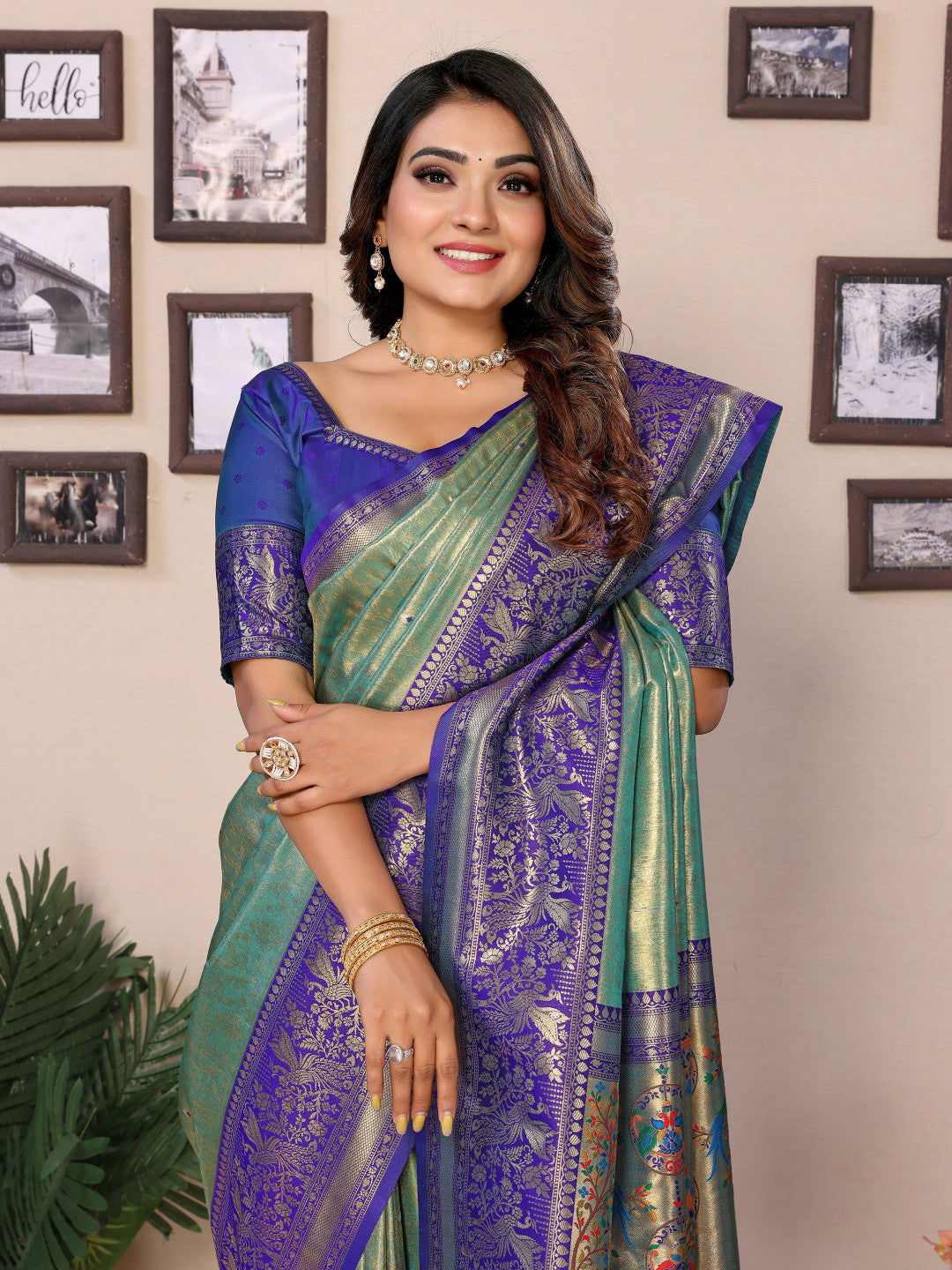 Sea green Traditional paithani tissue silk saree with zari weaving work