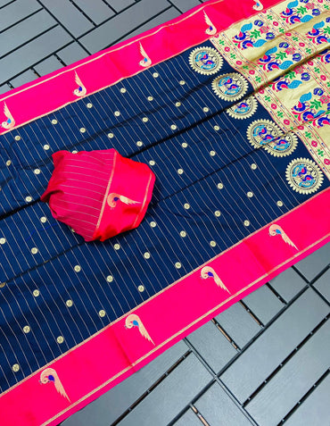 Navy blue color paithani silk saree with zari weaving work