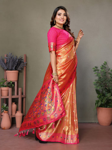 Orange banarasi tissue silk saree with zari weaving work
