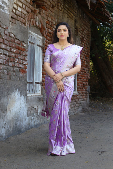 Lavender color soft satin silk saree with zari weaving work