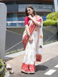 White color Viscose muslin silk saree with zari weaving work