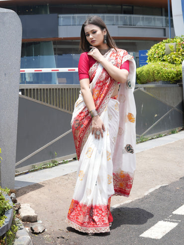 White color Viscose muslin silk saree with zari weaving work