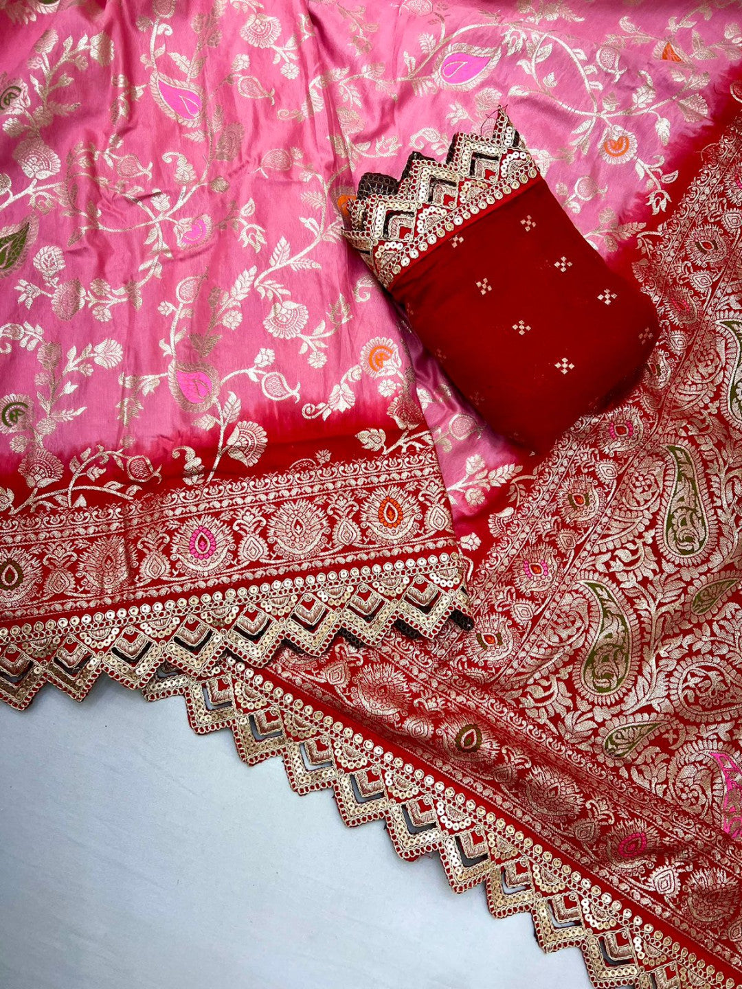 Pink muslin viscose dola silk saree with zari weaving work and lace border