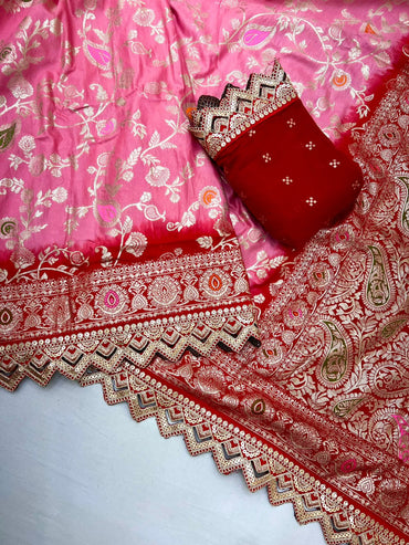 Pink muslin viscose dola silk saree with zari weaving work and lace border