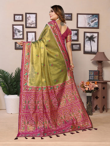 Mahendi green banarasi tissue silk saree with zari woven work