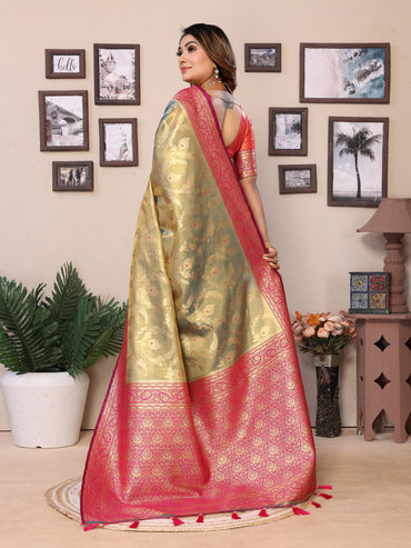 Pista green banarasi tissue silk saree with jal weaving work