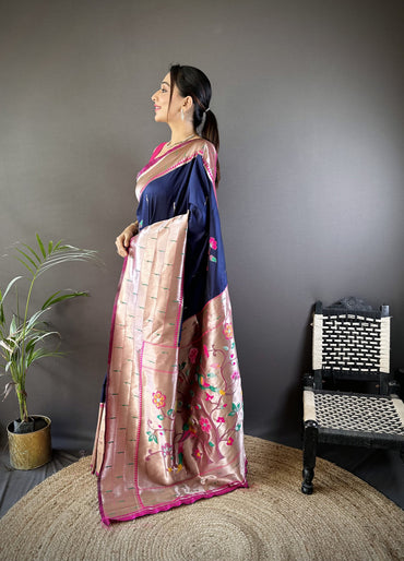 Navy blue paithani silk saree with zari weaving work