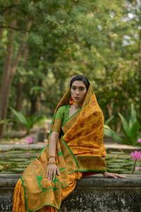 Mustard yellow meenakari jal weaving kashmiri pashmina silk saree