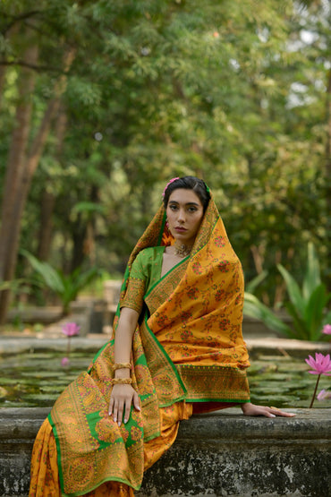 Mustard yellow meenakari jal weaving kashmiri pashmina silk saree