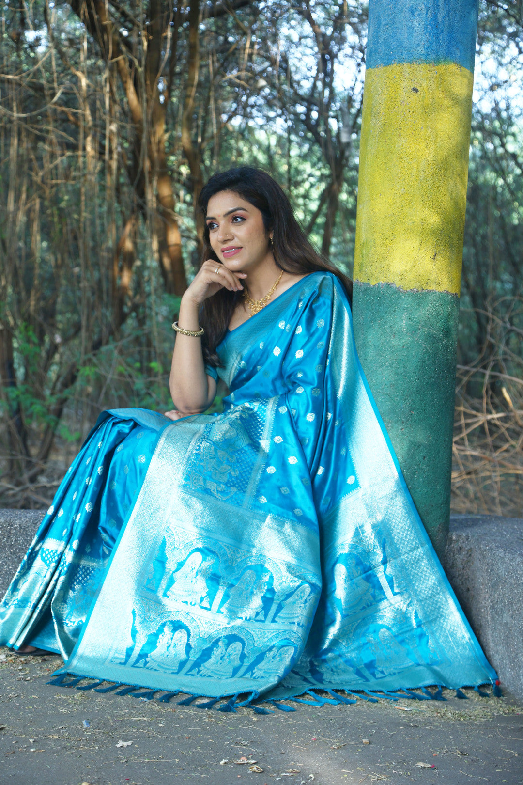 Firoji color soft satin silk saree with zari weaving work