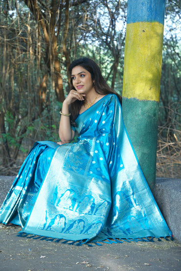 Firoji color soft satin silk saree with zari weaving work