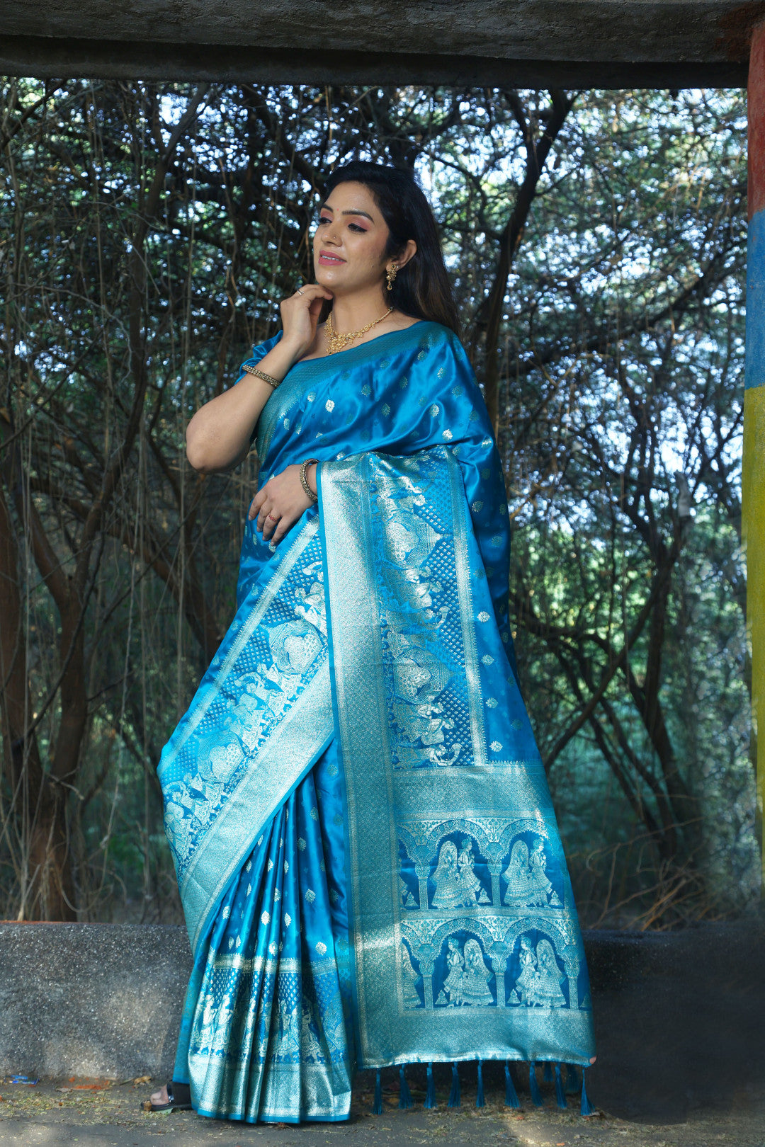 Firoji color soft satin silk saree with zari weaving work