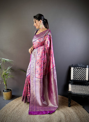 Pink dharmavaram pattu tissue silk saree with zari weaving work