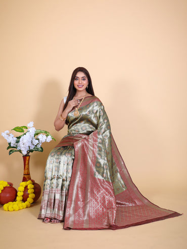 Gray color tissue silk saree with zari weaving work
