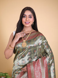 Gray color tissue silk saree with zari weaving work