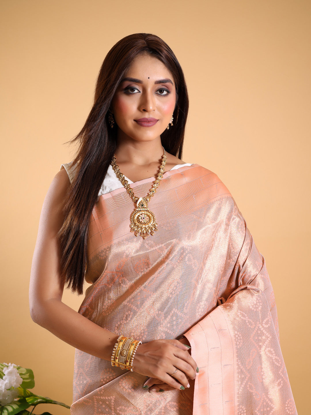 Peach color paithani silk saree with zari weaving work