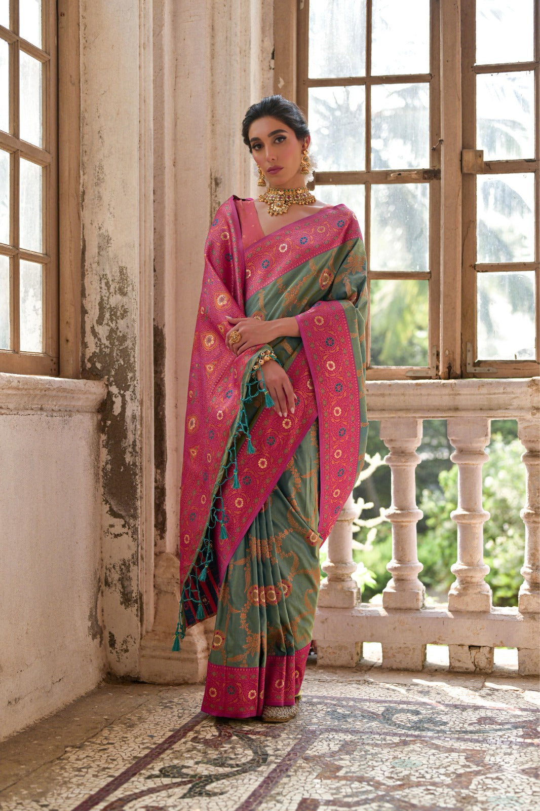 Rama green premium banarasi silk saree with zari weaving work