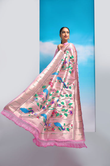 Baby pink color paithani silk saree with golden zari weaving work