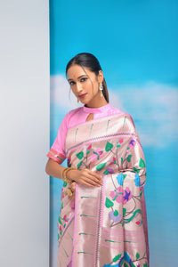 Baby pink color paithani silk saree with golden zari weaving work
