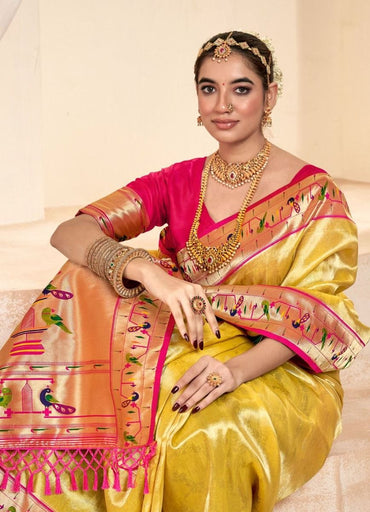 Lemon yellow color soft tissue paithani silk saree with zari weaving work