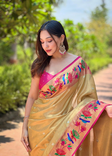 Beige color soft tissue paithani silk saree with zari weaving work