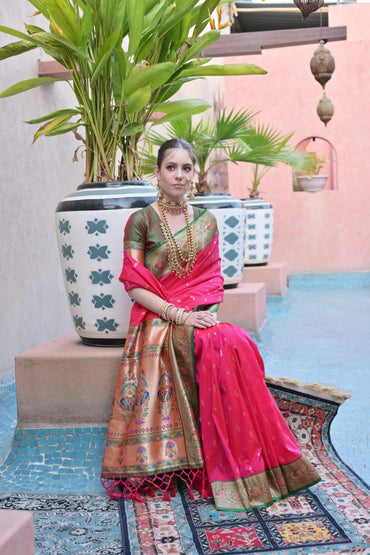 Rani pink paithani silk saree with zari weaving work