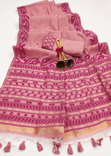 Pink soft mulmul cotton saree with jamdani weaving work