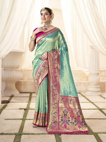 Sea green soft tissue paithani silk saree with zari weaving work