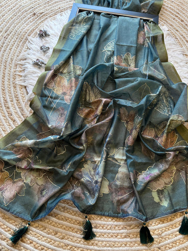Rama green premium soft satin shimmer silk saree with digital print & zari border