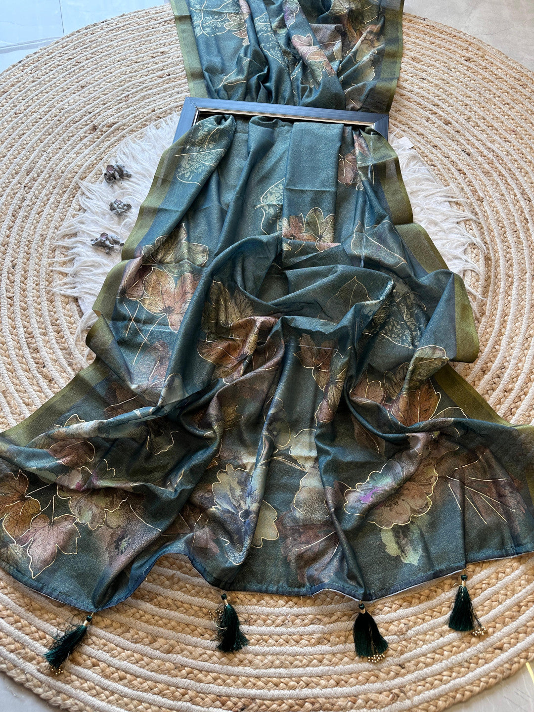 Rama green premium soft satin shimmer silk saree with digital print & zari border