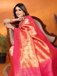Orange traditional handloom tissue silk saree with zari weaving work