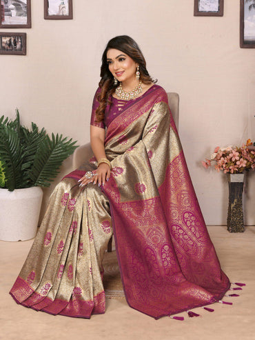 Gray and magenta handloom tissue silk saree with zari weaving work