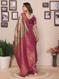 Gray and magenta handloom tissue silk saree with zari weaving work