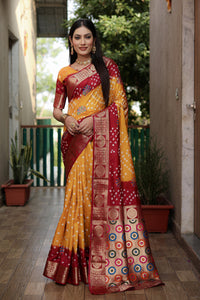 Multi color soft bandhej silk saree with zari weaving work
