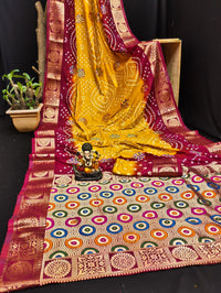 Multi color soft bandhej silk saree with zari weaving work