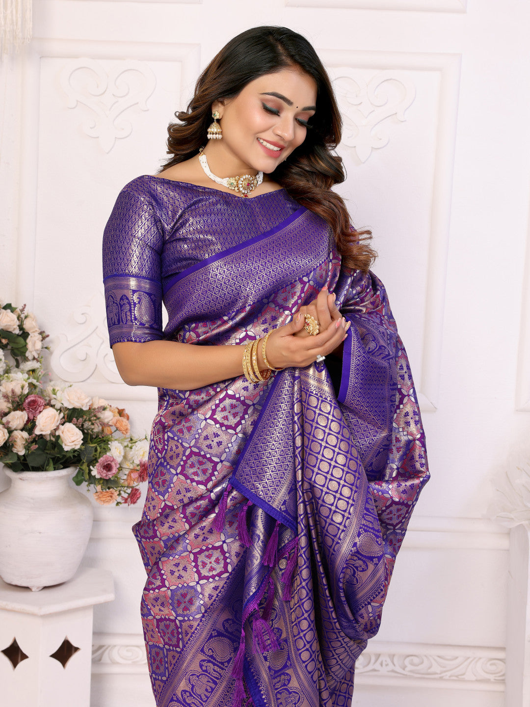 Purple banarasi chaturi silk saree with zari weaving work