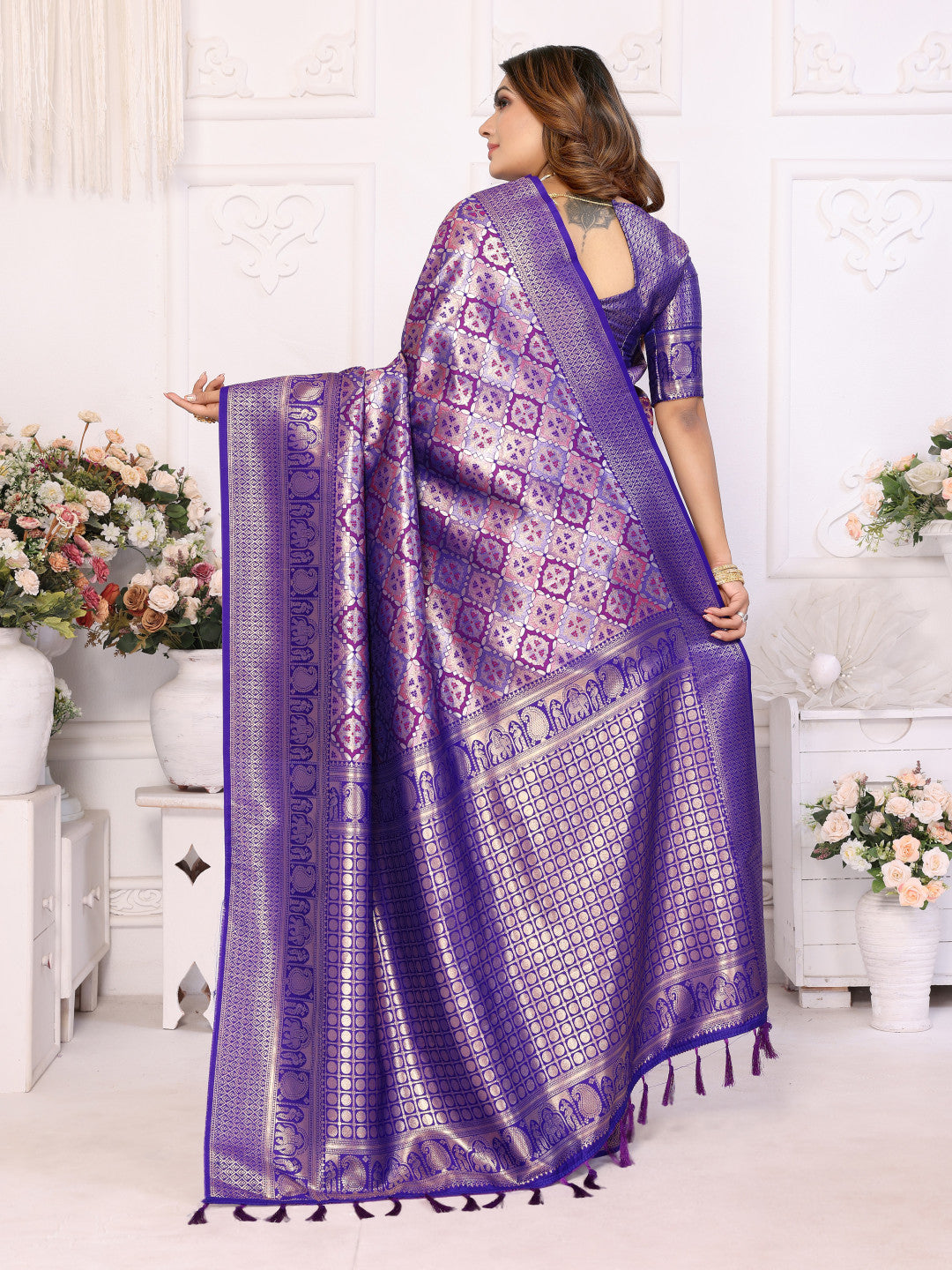 Purple banarasi chaturi silk saree with zari weaving work