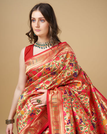 Red color kanchipuram silk saree with zari weaving work