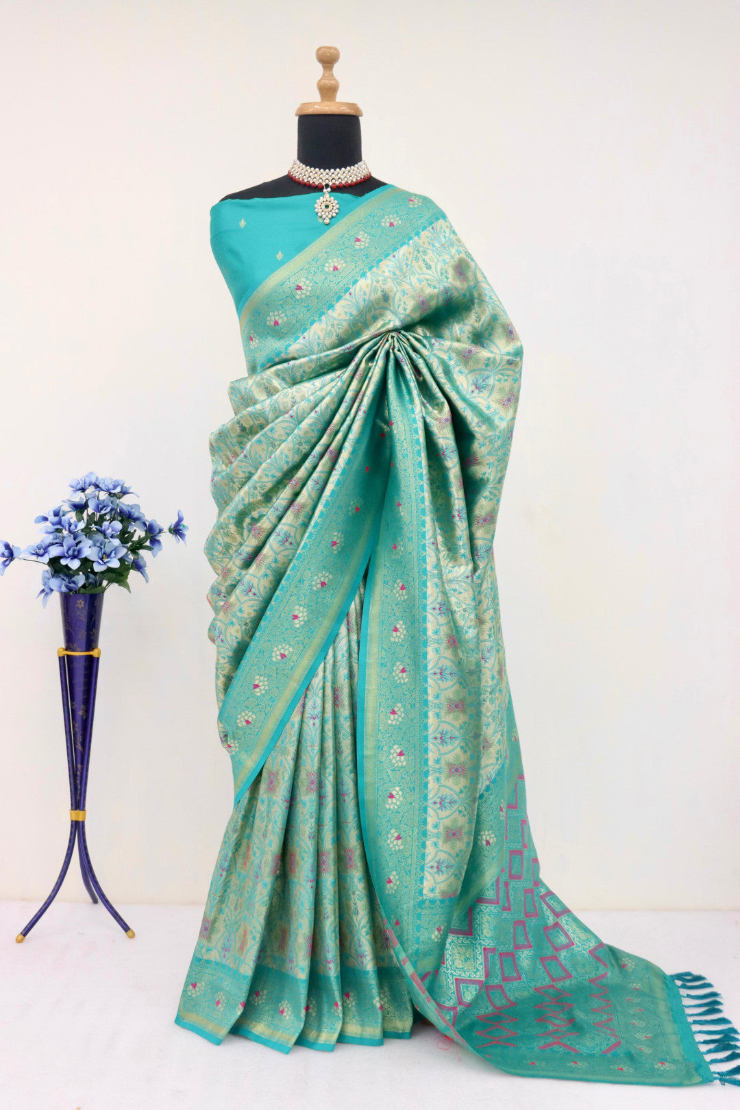 Rama green dharmavaram banarasi silk saree with zari weaving