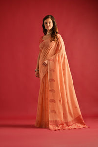Orange Pure mul cotton saree with resham weaving work