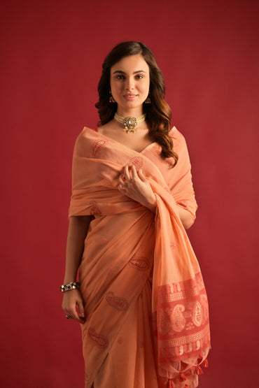 Orange Pure mul cotton saree with resham weaving work