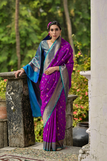 Magenta banarasi silk saree with copper zari weaving work