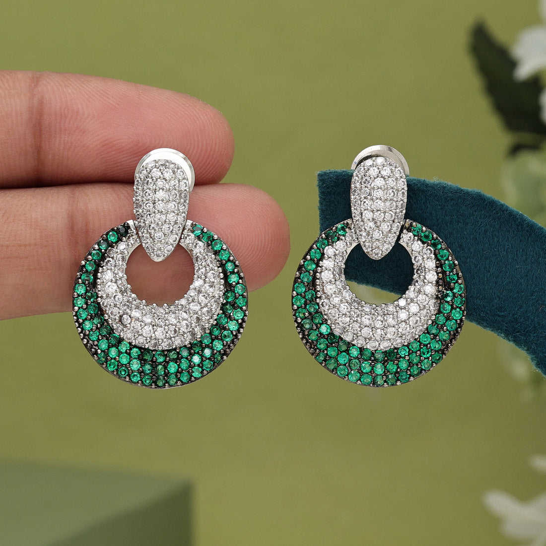 Green Color American Diamond Earrings