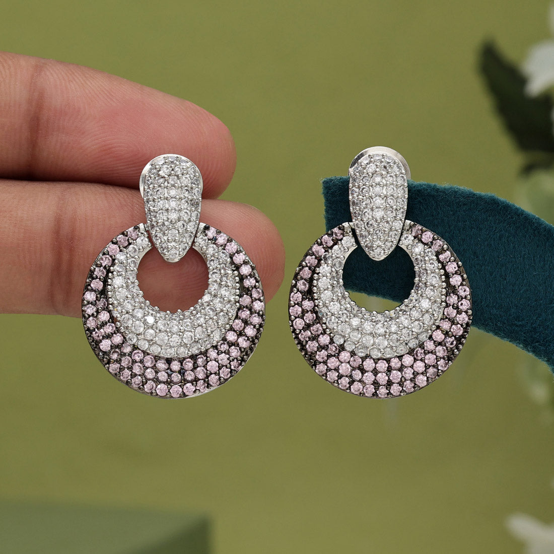 Pink Color American Diamond Earrings
