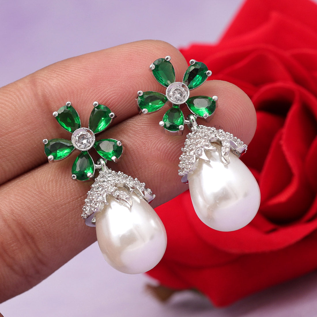 Green Color American Diamond Earrings