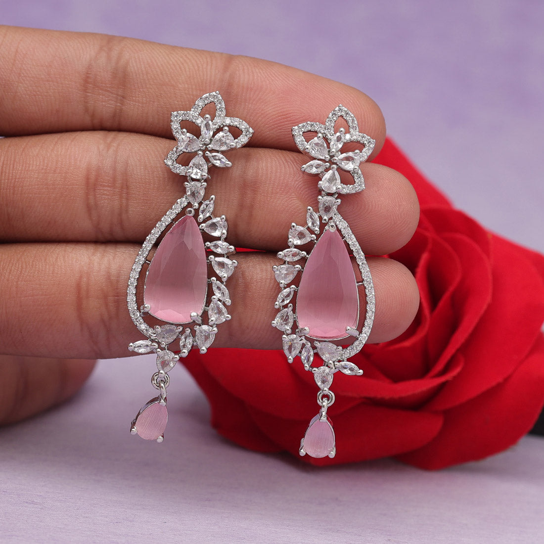 Pink Color American Diamond Earrings