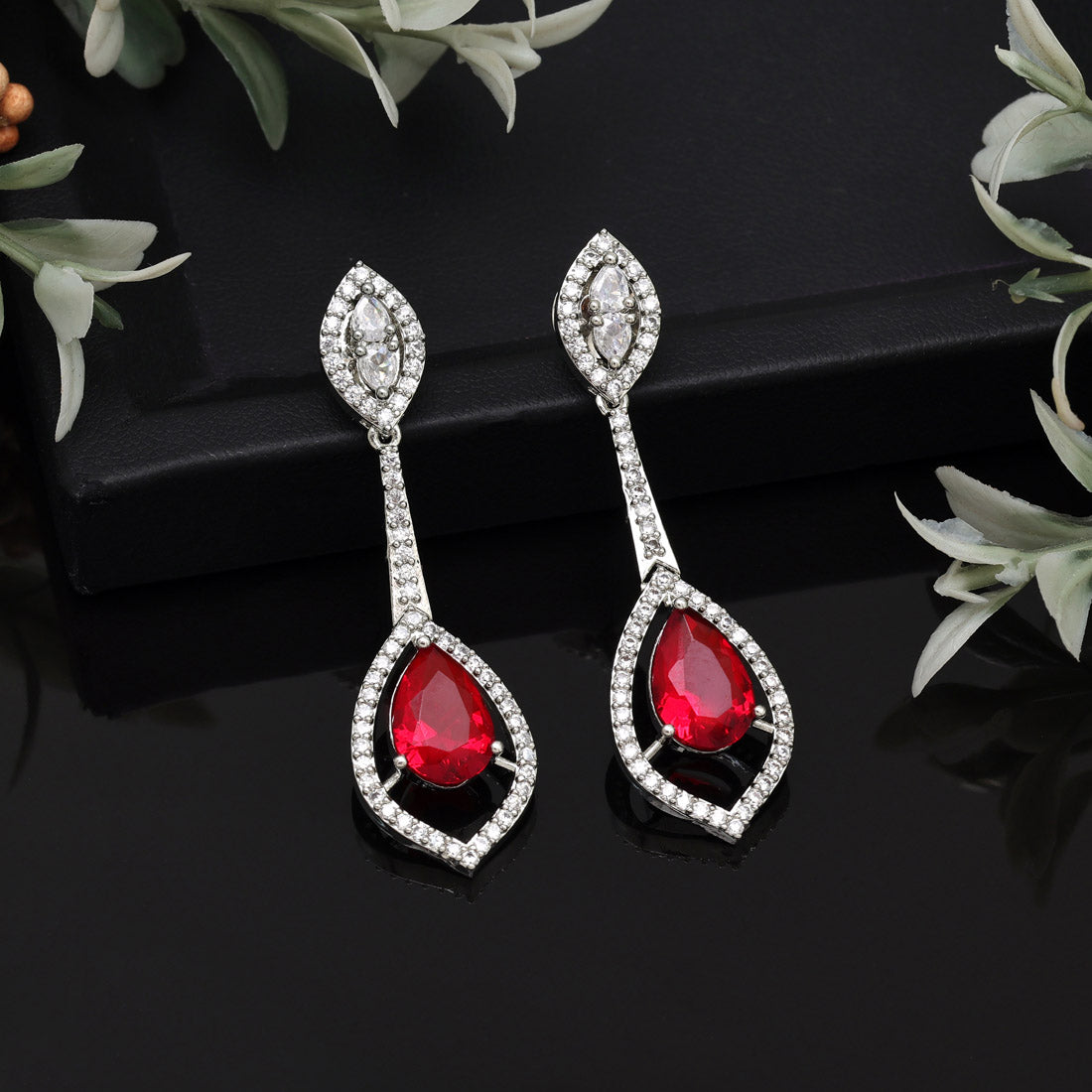 Red Color American Diamond Earrings